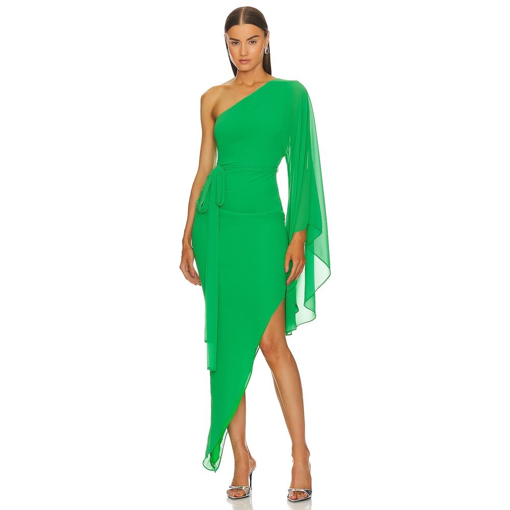 Michael Costello Heaven Chiffon One Shoulder Dress Green Asymmetric Hem Sz XS